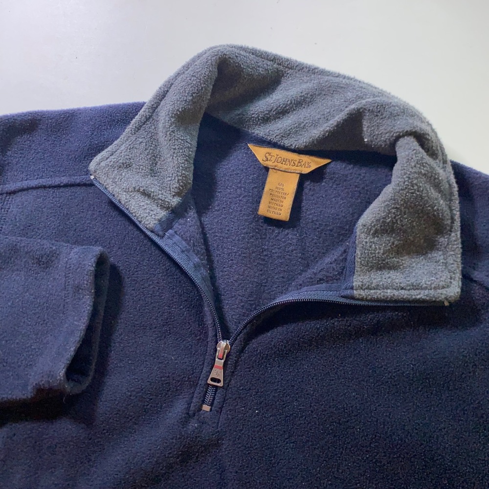 St Johns Bay Mens Large Navy Blue Quarter Zip Fleece Pullover Mock Neck Sweater
